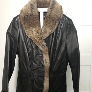 Dark brown leather jacket with rabbit fur collar
